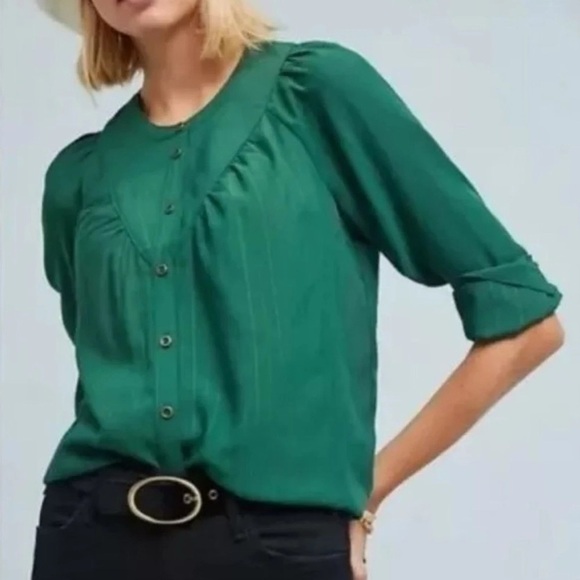 Maeve Avignon Buttondown Blouse Size Small Emerald Green Anthropologie - Picture 1 of 9